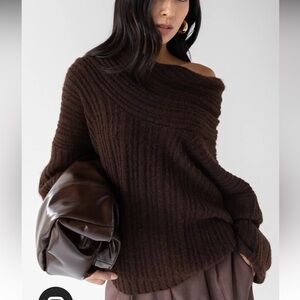 Oak + Fort Oversized Slouchy Off The Shoulder Sweater in Bitter Chocolate